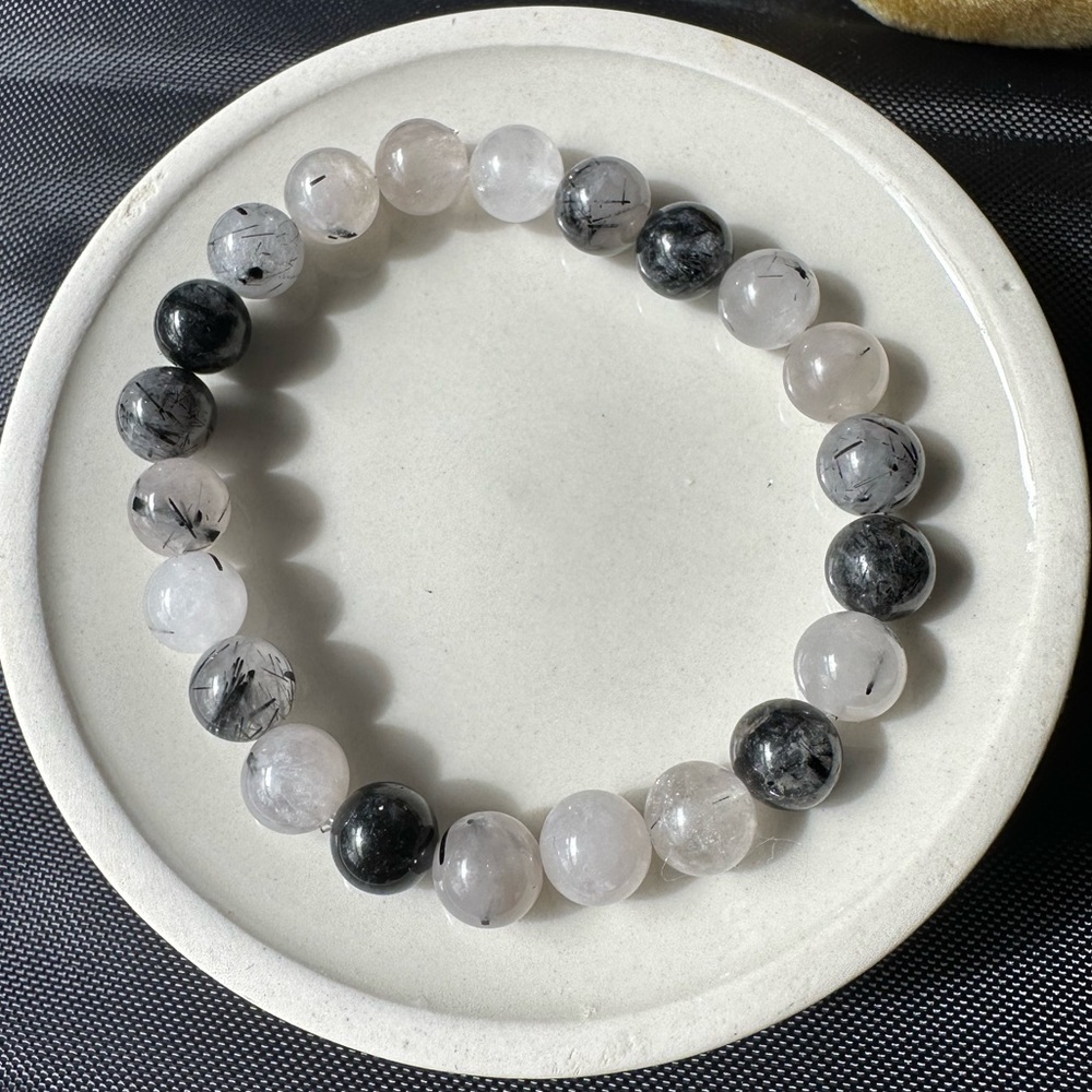 100% Natural untreated black rutile tourmalinated quartz in 8.8mm bead bracelet